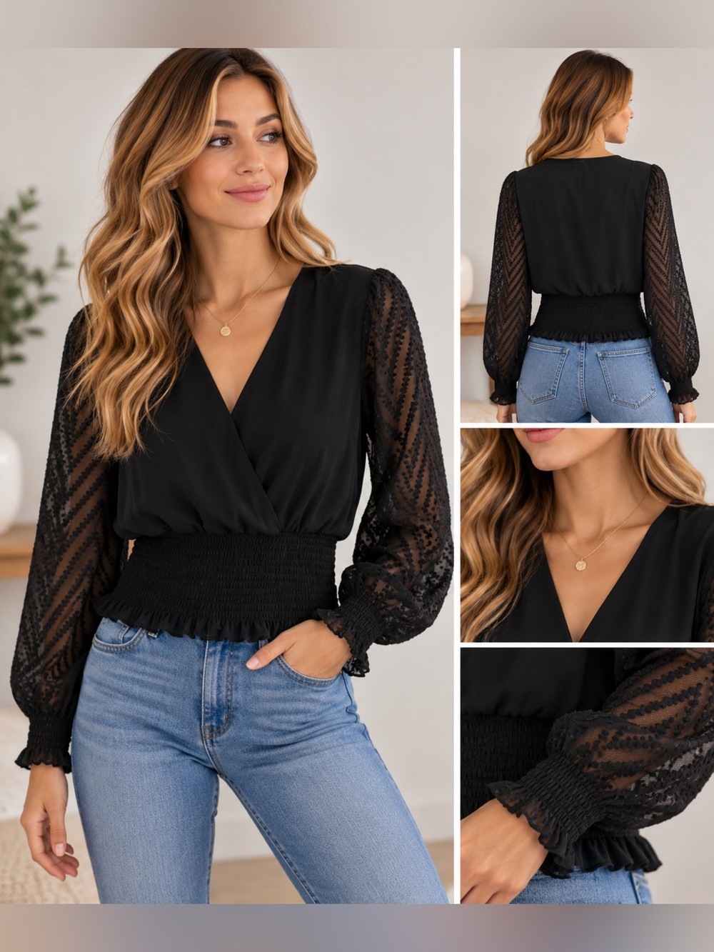 Laundry by Shelli Segal Black Sheer Sleeve Wrap Blouse M